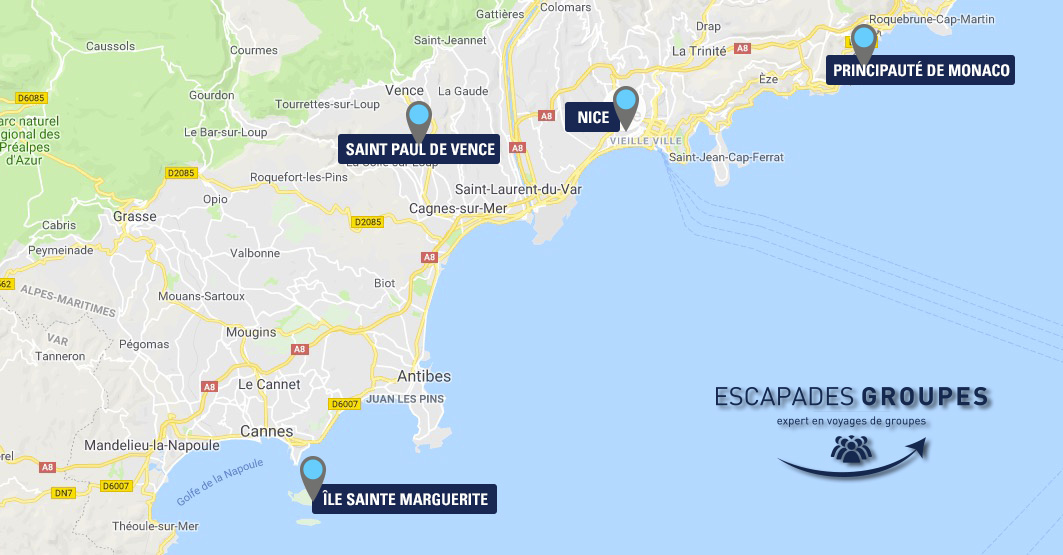Carte voyage groupe Escapades sur la Riviera française